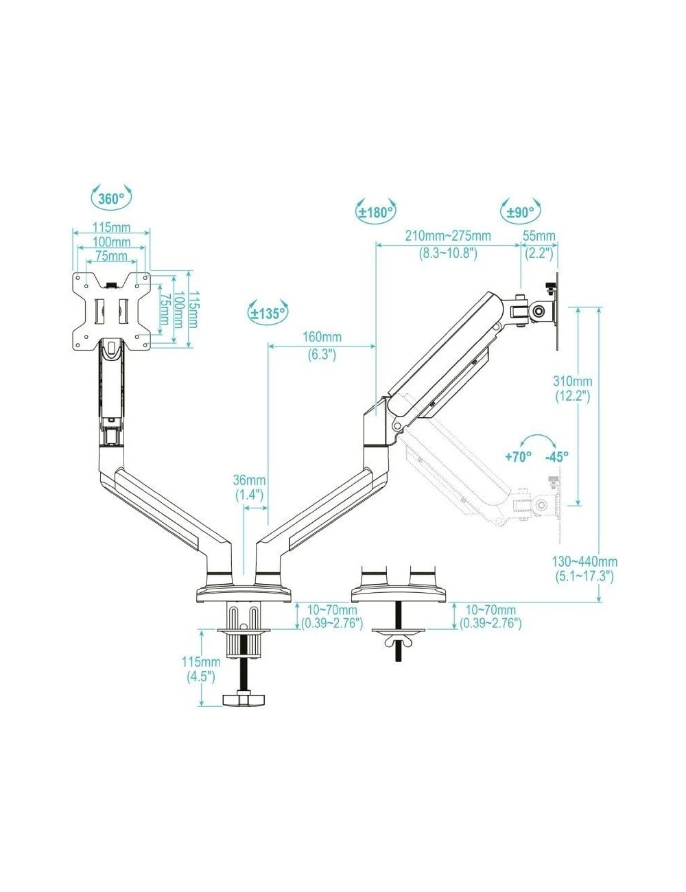 Soporte de Mesa para 2 Monitores TooQ DB1434TNR-W/ Giratorio/ Inclinable/ hasta 10kg