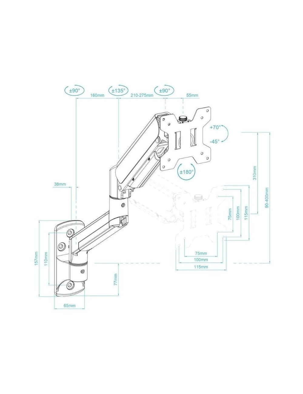 Soporte de Pared para Monitor TooQ LP1334TNR-B/ Giratorio/ Inclinable/ Rotatorio/ hasta 10kg