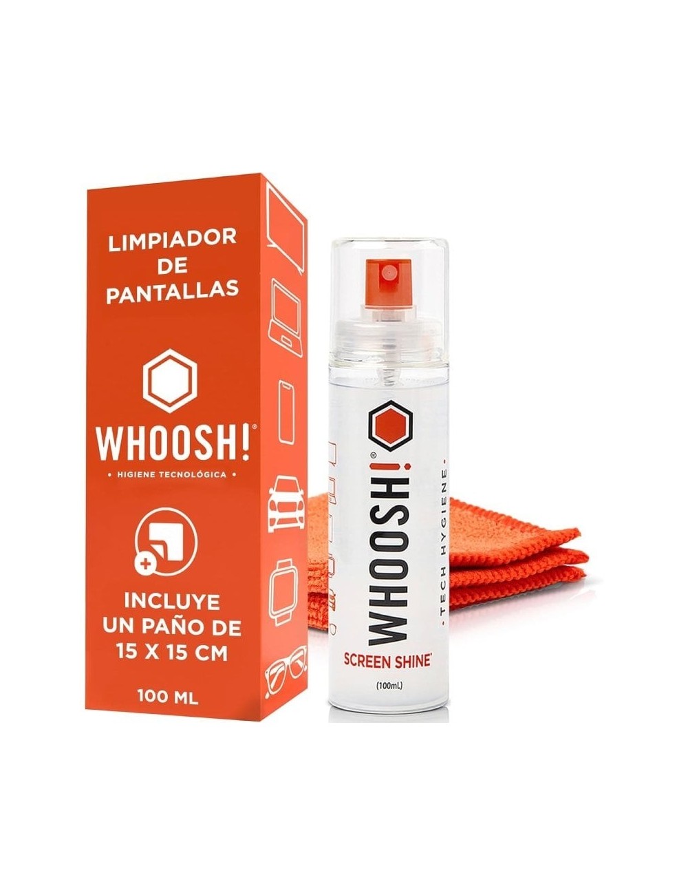 Kit Limpiador de Pantallas Whoosh Kit GO XL WSH003/ Spray 100ml + Paño Microfibra