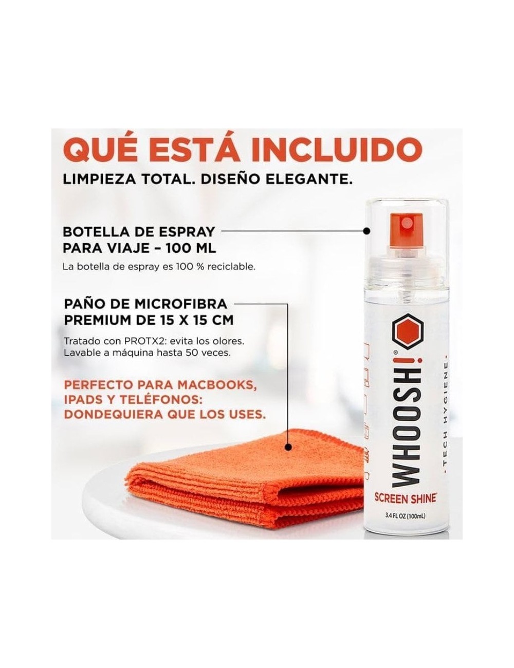 Kit Limpiador de Pantallas Whoosh Kit GO XL WSH003/ Spray 100ml + Paño Microfibra