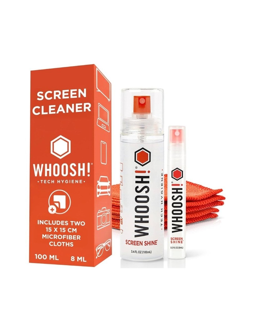 Kit Limpiador de Pantallas Whoosh Kit DUO WSH004/ Spray 100ml + Spray 8ml + 2 Paños Microfibra