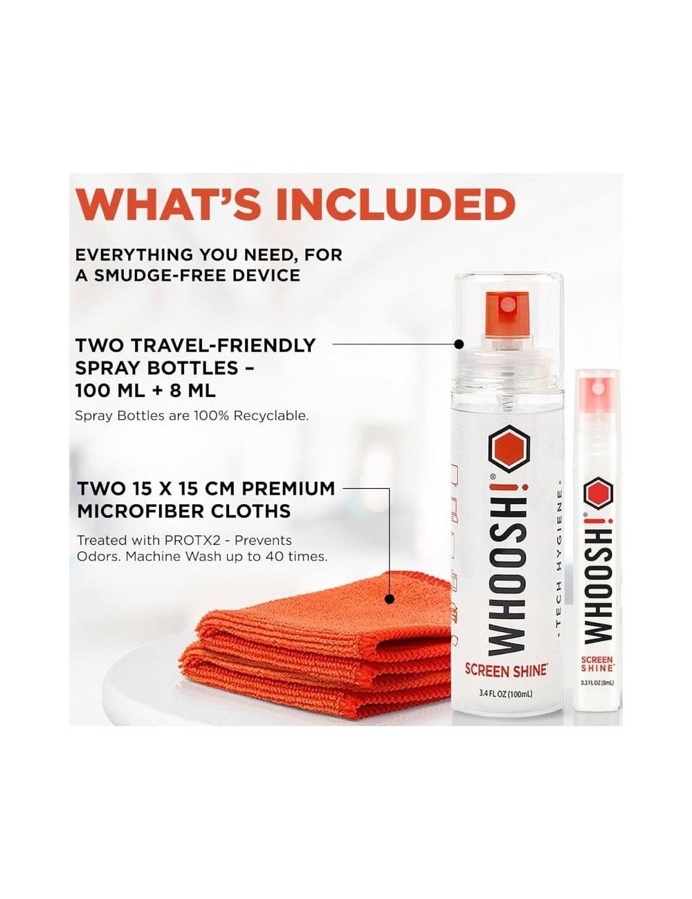 Kit Limpiador de Pantallas Whoosh Kit DUO WSH004/ Spray 100ml + Spray 8ml + 2 Paños Microfibra