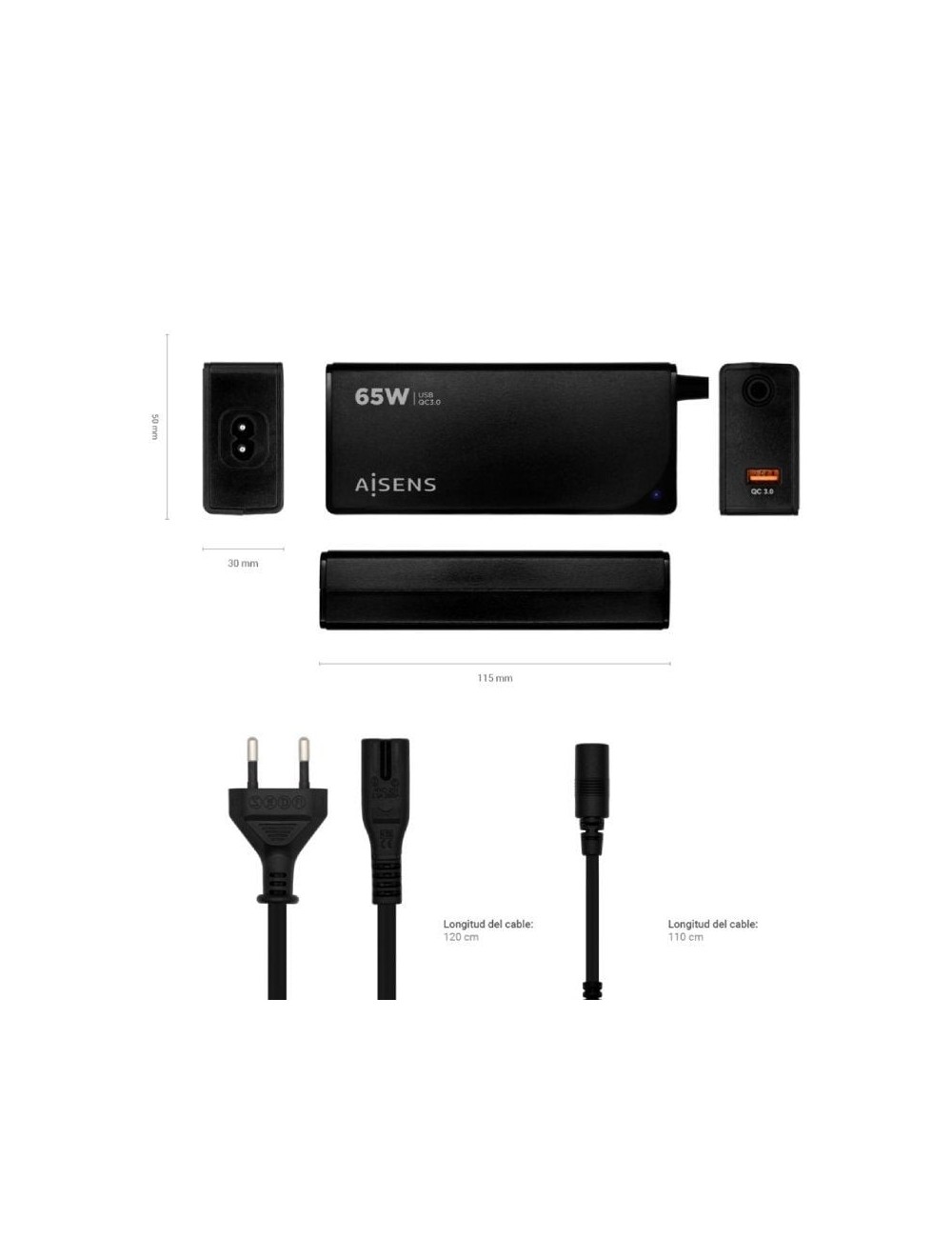 Cargador de Portátil Aisens ASLC-65WAUTO-BK/ 65W/ 1xUSB QC3.0/ Automático/ 9 Conectores/ Voltaje 18.5-20V