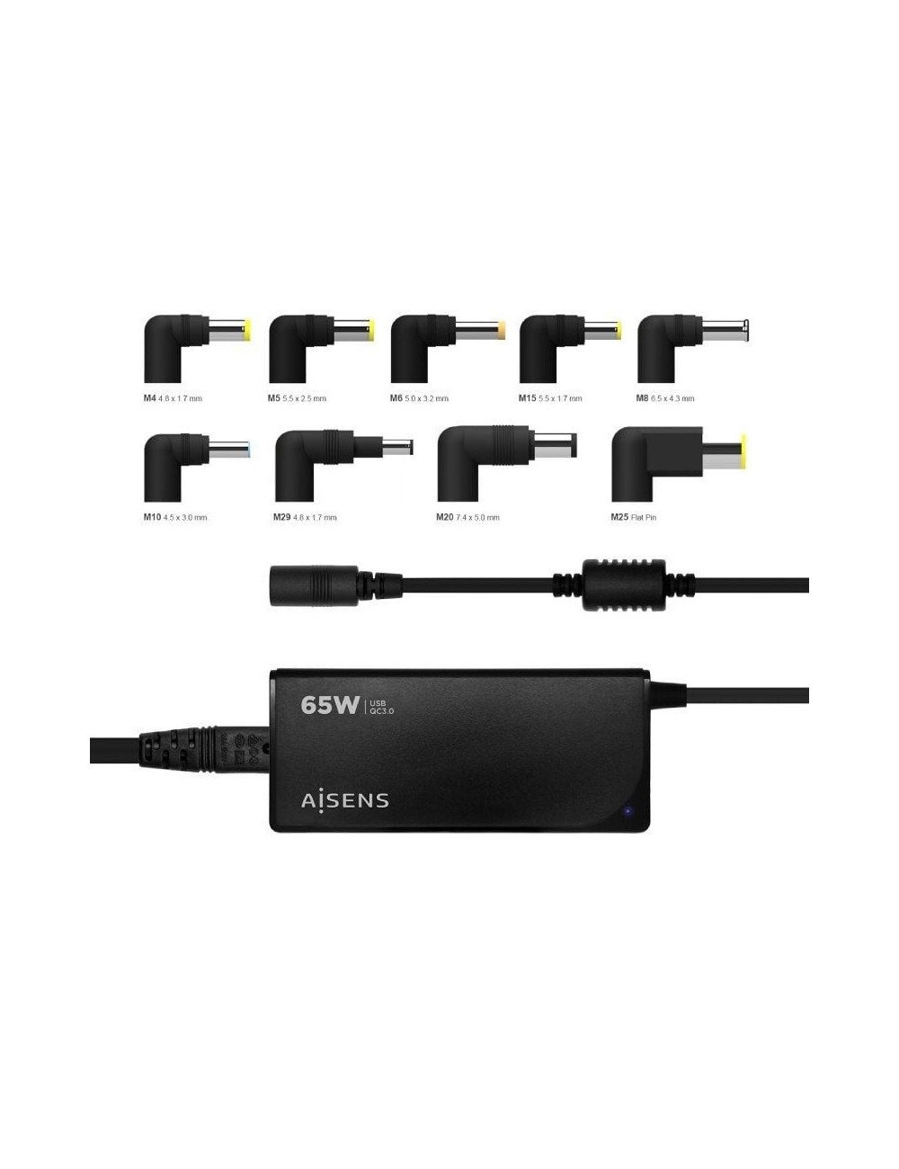 Cargador de Portátil Aisens ASLC-65WAUTO-BK/ 65W/ 1xUSB QC3.0/ Automático/ 9 Conectores/ Voltaje 18.5-20V