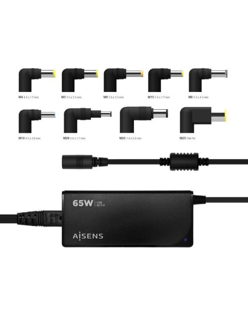 Cargador de Portátil Aisens ASLC-65WAUTO-BK/ 65W/ 1xUSB QC3.0/ Automático/ 9 Conectores/ Voltaje 18.5-20V
