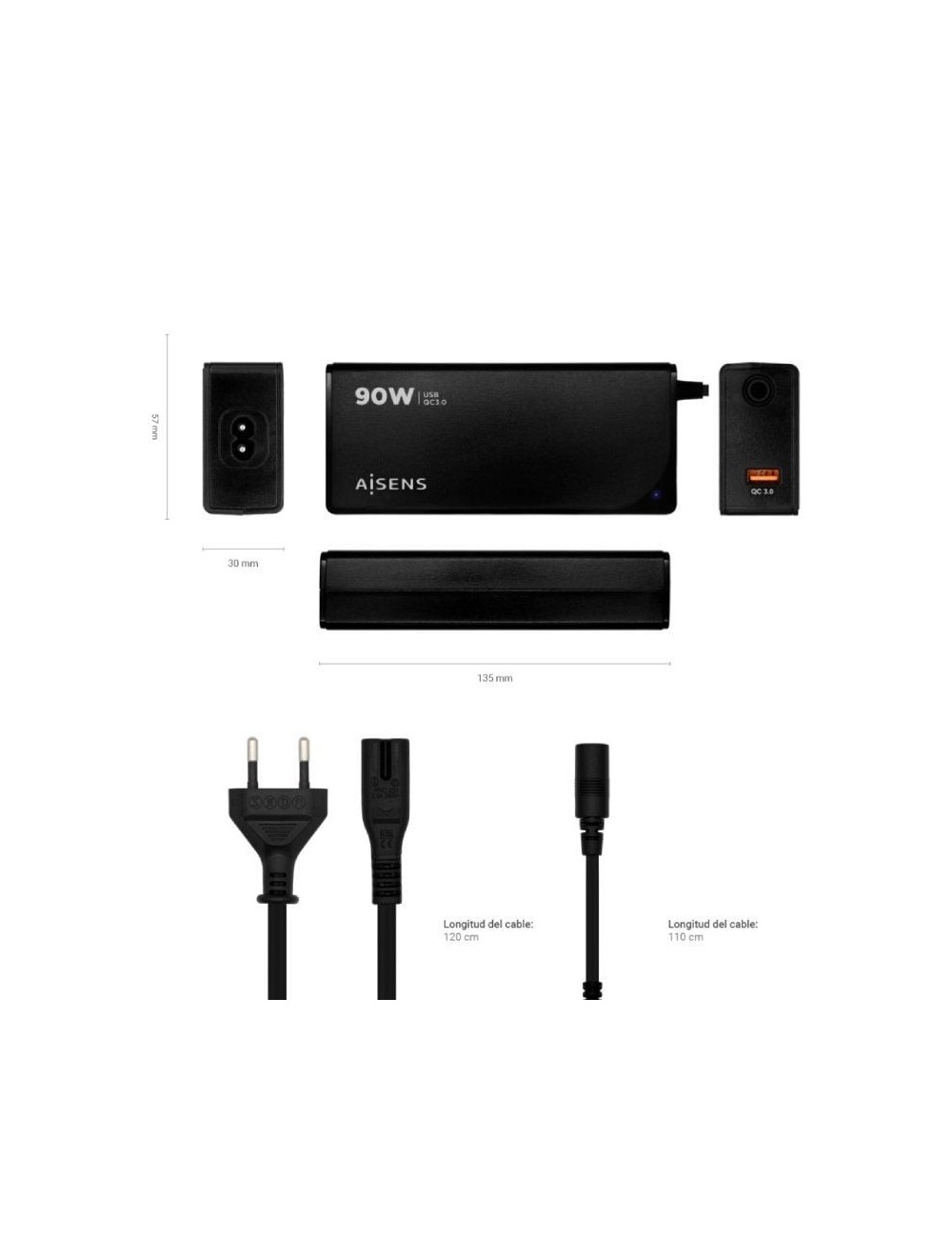 Cargador de Portátil Aisens ASLC-90WAUTO-BK/ 1xUSB/ 90W/ Automático/ 12 Conectores/ Voltaje 15-20V