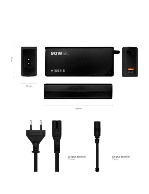 Cargador de Portátil Aisens ASLC-90WAUTO-BK/ 1xUSB/ 90W/ Automático/ 12 Conectores/ Voltaje 15-20V