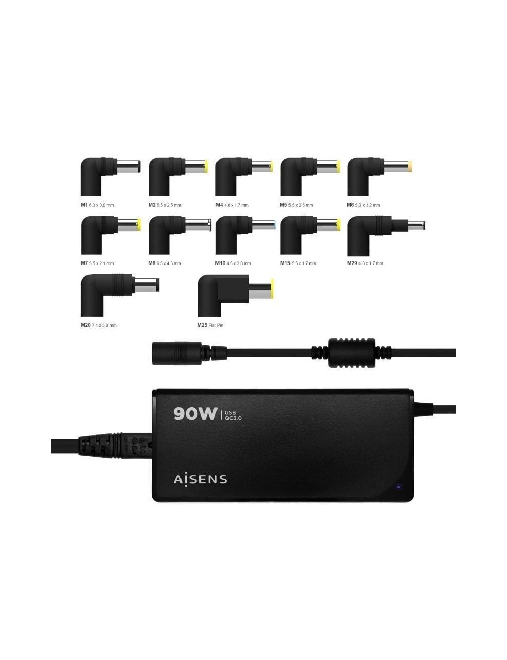 Cargador de Portátil Aisens ASLC-90WAUTO-BK/ 1xUSB/ 90W/ Automático/ 12 Conectores/ Voltaje 15-20V