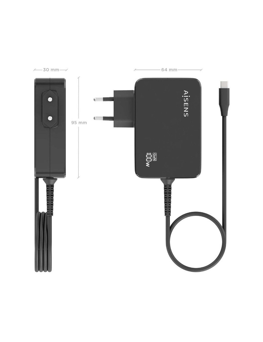 Cargador de Portátil GaN Aisens ASCH-1PD100WL50-BK USB Tipo-C/ 100W/ Automático/ Voltaje 5-20V