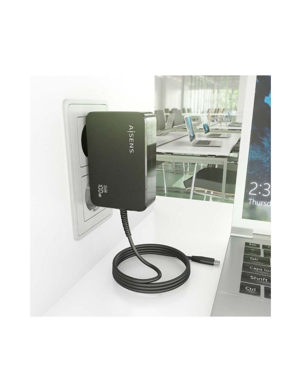 Cargador de Portátil GaN Aisens ASCH-1PD100WL50-BK USB Tipo-C/ 100W/ Automático/ Voltaje 5-20V