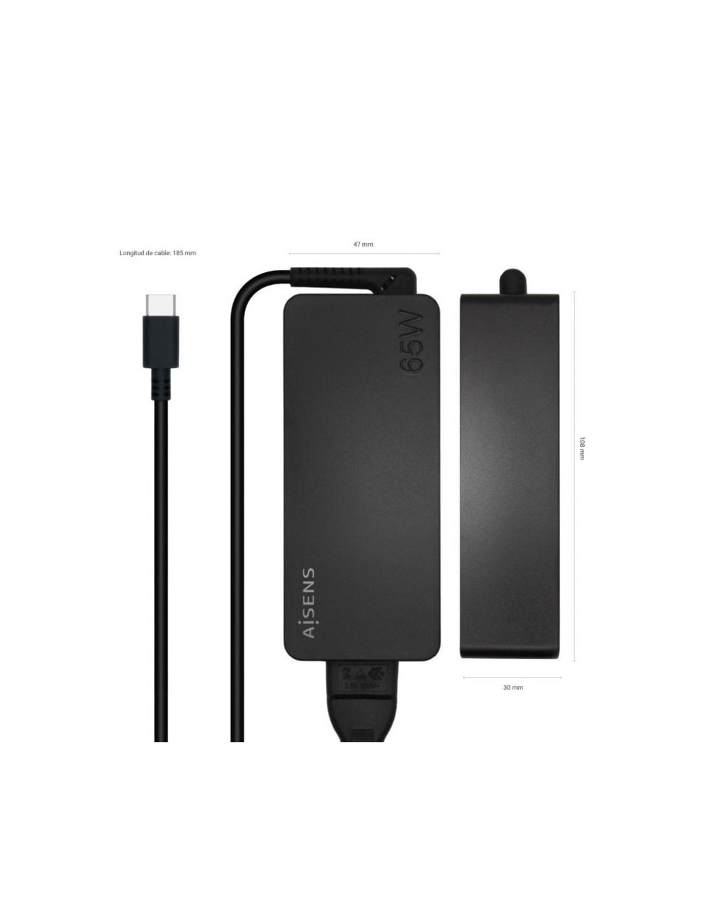 Cargador de Portátil Aisens ASCH-1PD65D-BK/ 1xUSB Tipo-C/ 65W/ Automatico/ Voltaje 5-20V