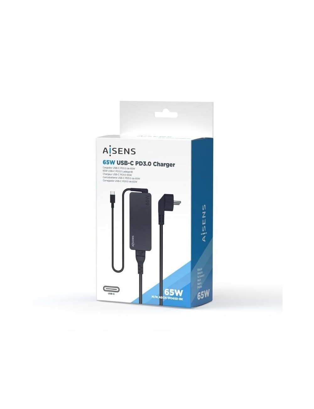 Cargador de Portátil Aisens ASCH-1PD65D-BK/ 1xUSB Tipo-C/ 65W/ Automatico/ Voltaje 5-20V
