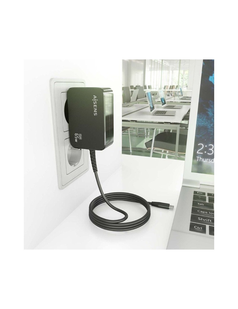 Cargador de Portátil GaN Aisens ASCH-1PD65WL033-BK/ 1xUSB Tipo-C + Cable 1.8m/ 65W/ Automático/ Voltaje 5-20V