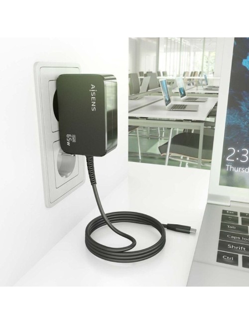 Cargador de Portátil GaN Aisens ASCH-1PD65WL033-BK/ 1xUSB Tipo-C + Cable 1.8m/ 65W/ Automático/ Voltaje 5-20V