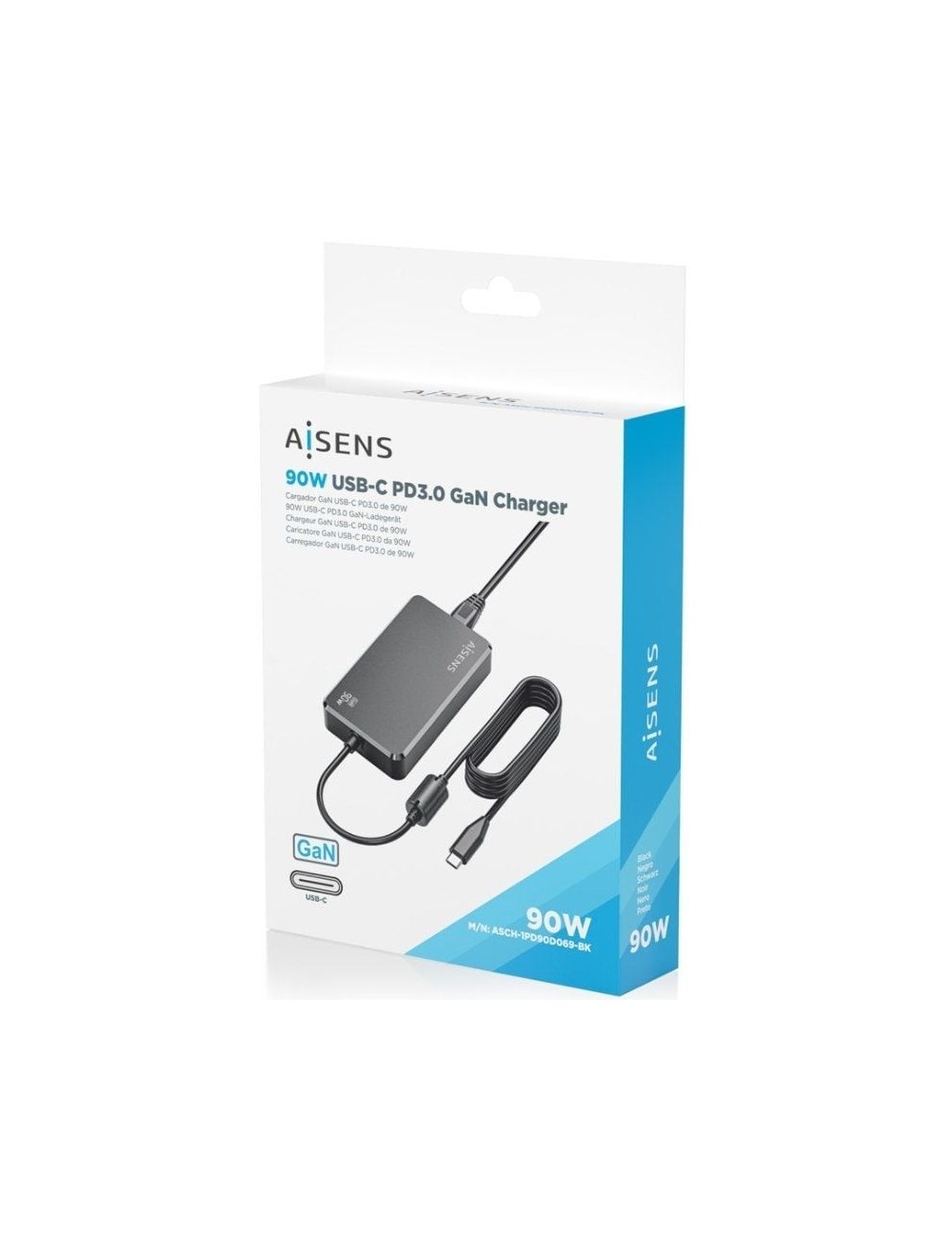 Cargador de Portátil GaN Aisens ASCH-1PD90D069-BK/ 1xUSB Tipo-C/ 90W/ Automático/ Voltaje 5-20V