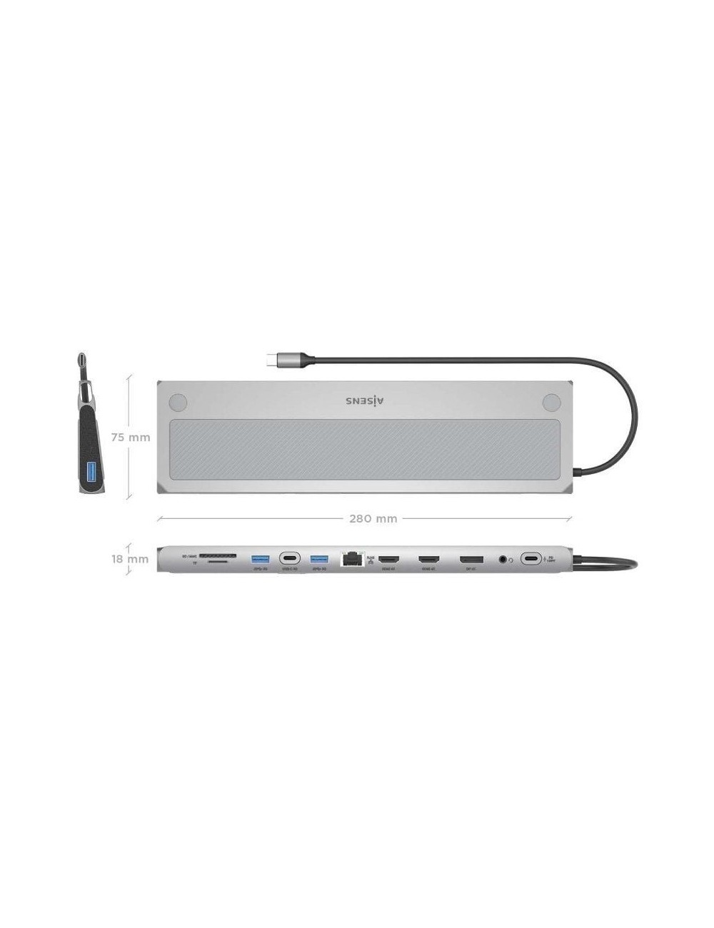 Docking USB Tipo-C Aisens ASUC-12P020-GR/ 2xHDMI 4K/ 3xUSB/ 1xUSB Tipo-C/ 1xRJ45/ 1xDisplayPort/ 1xLector Tarjetas/ 1xUSB Tipo-C