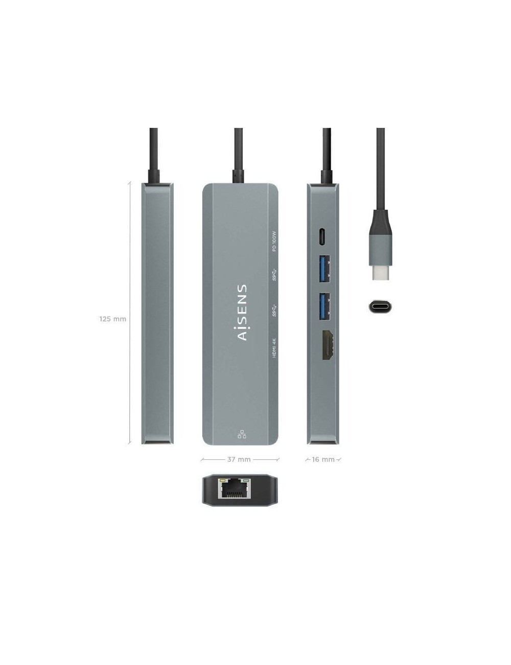 Docking USB Tipo-C Aisens ASUC-5P011-GR/ 1xHDMI 4K/ 2xUSB/ 1xRJ45/ 1xUSB Tipo-C/ 1xUSB Tipo-C PD/ Gris