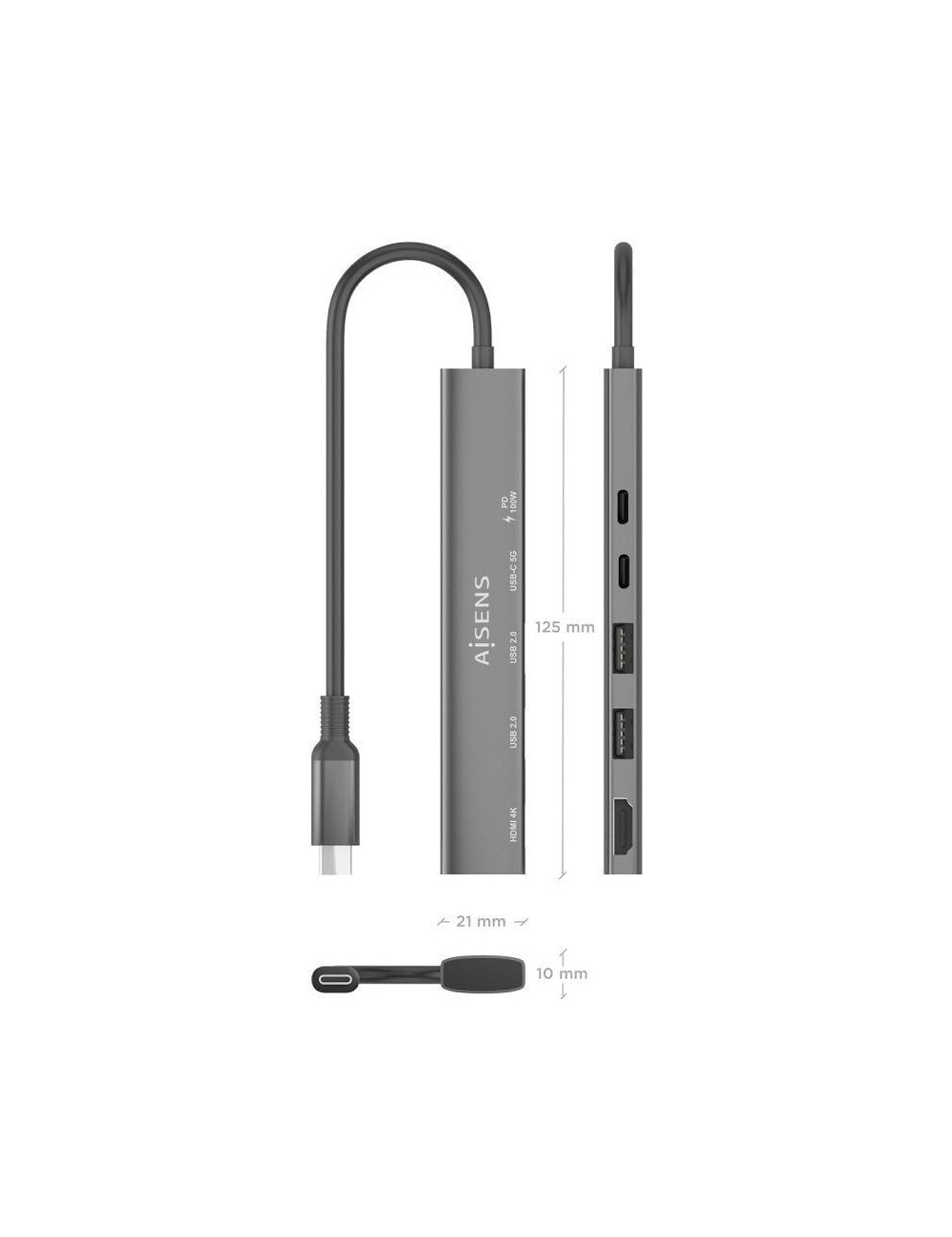 Docking USB Tipo-C Aisens ASUC-5P022-GR/ 1xHDMI 4K/ 2xUSB/ 1xUSB Tipo-C/ 1xUSB Tipo-C PD/ Gris