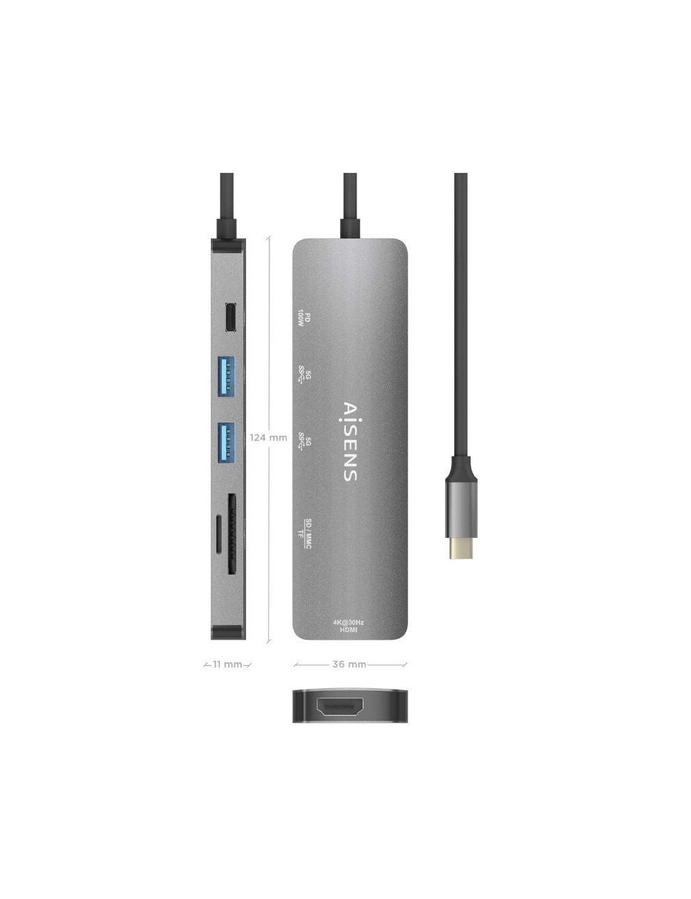 Docking USB Tipo-C Aisens ASUC-6P016-GR/ 1xHDMI 4K/ 2xUSB/ 1xLector Tarjetas/ 1xUSB Tipo-C PD/ Gris