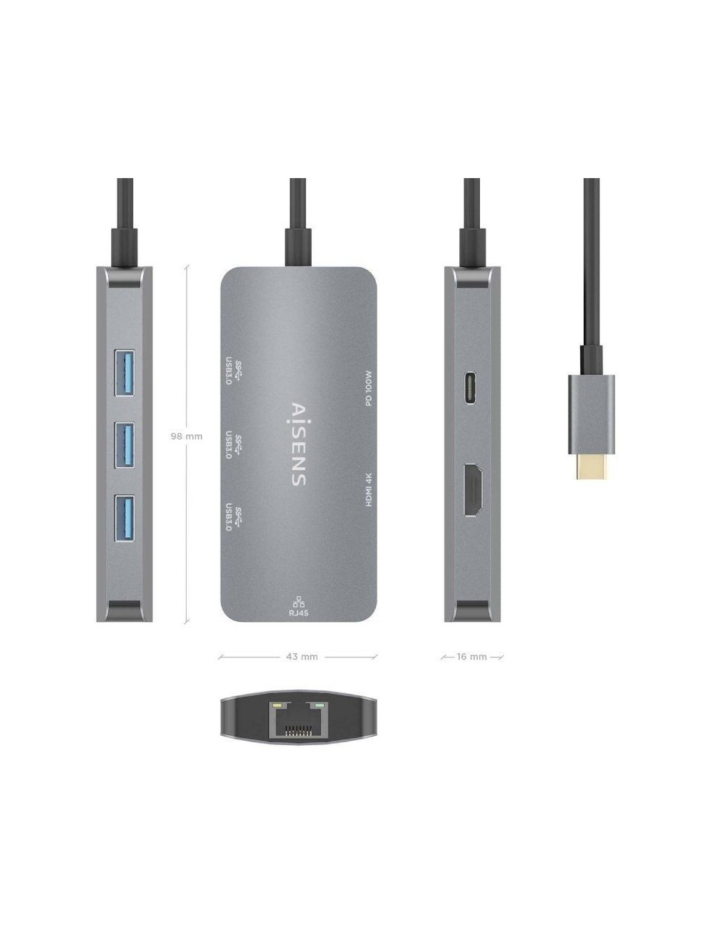 Docking USB Tipo-C Aisens ASUC-6P019-GR/ 1xHDMI 4K/ 3xUSB/ 1xRJ45/ 1xUSB Tipo-C PD/ Gris