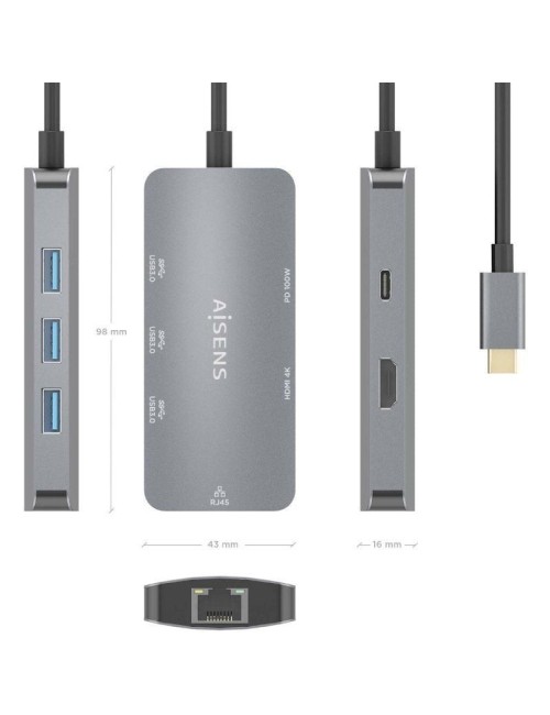 Docking USB Tipo-C Aisens ASUC-6P019-GR/ 1xHDMI 4K/ 3xUSB/ 1xRJ45/ 1xUSB Tipo-C PD/ Gris