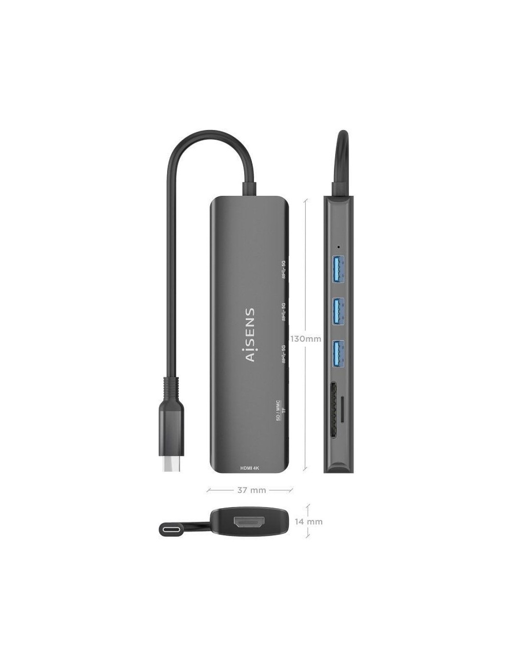Docking USB Tipo-C Aisens ASUC-6P024-GR/ 1xHDMI 4K/ 3xUSB/ 1xLector Tarjetas/ Gris
