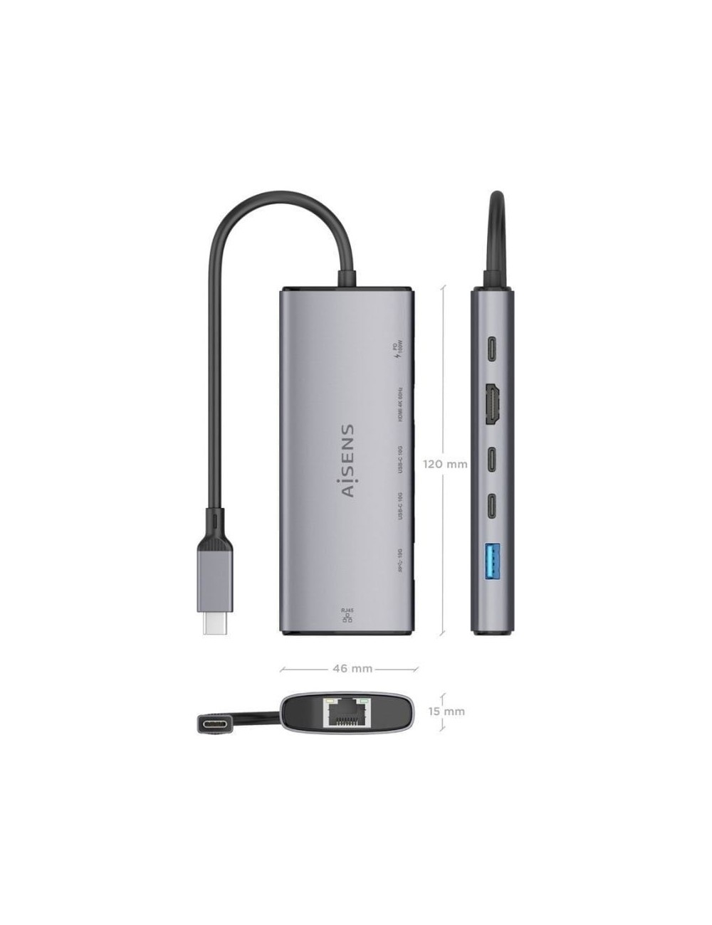 Docking USB Tipo-C Aisens ASUC-6P030-GR/ 1xHDMI 4K/ 1xUSB/ 2xUSB Tipo-C/ 1xRJ45/ 1xUSB Tipo-C PD/ Gris