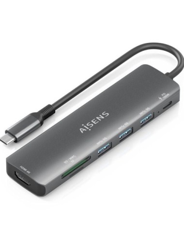 Docking USB Tipo-C Aisens ASUC-7P025-GR/ 1xHDMI 4K/ 3xUSB/ 1xUSB Tipo-C PD/ 1xLector Tarjetas/ Gris