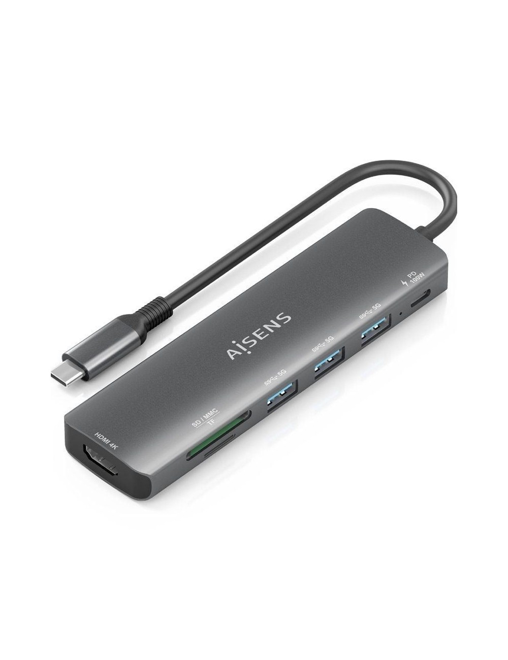 Docking USB Tipo-C Aisens ASUC-7P025-GR/ 1xHDMI 4K/ 3xUSB/ 1xUSB Tipo-C PD/ 1xLector Tarjetas/ Gris