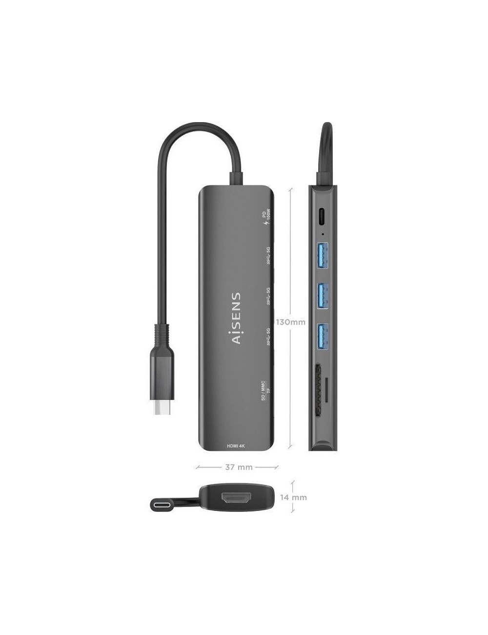 Docking USB Tipo-C Aisens ASUC-7P025-GR/ 1xHDMI 4K/ 3xUSB/ 1xUSB Tipo-C PD/ 1xLector Tarjetas/ Gris