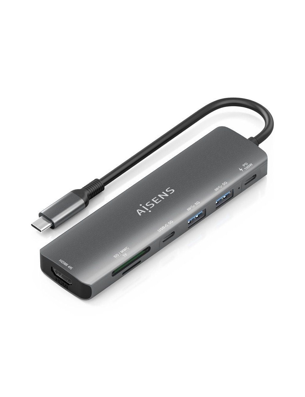 Docking USB Tipo-C Aisens ASUC-7P026-GR/ 1xHDMI 4K/ 2xUSB/ 1xUSB Tipo-C / 1xUSB Tipo-C PD/ 1xLector Tarjetas/ Gris