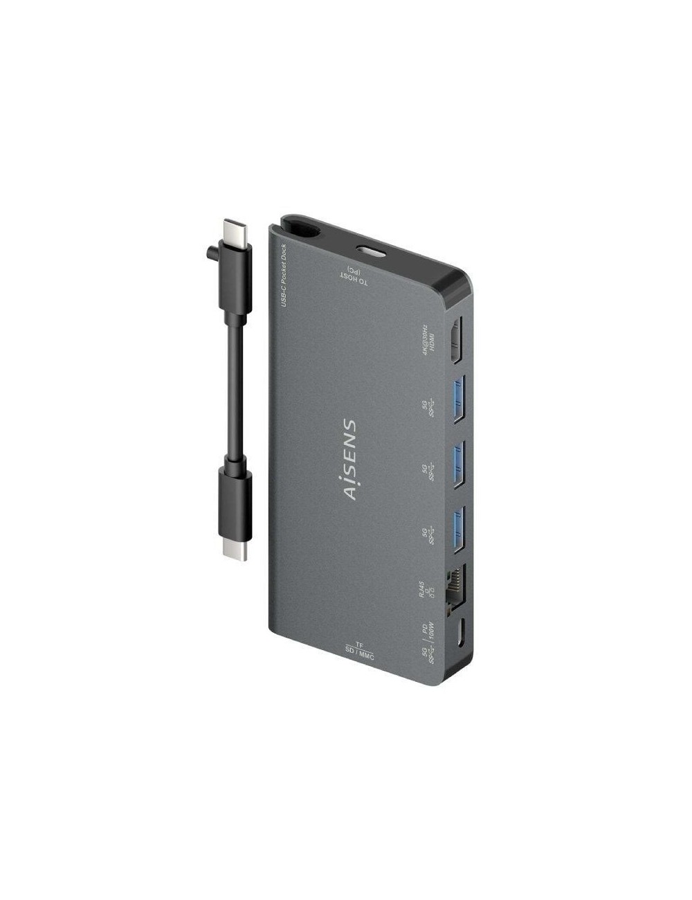 Docking USB Tipo-C Aisens ASUC-8P015-GR/ 1xHDMI 4K/ 3xUSB/ 1xRJ45/ 1xLector Tarjetas / 1xUSB Tipo-C/ Gris