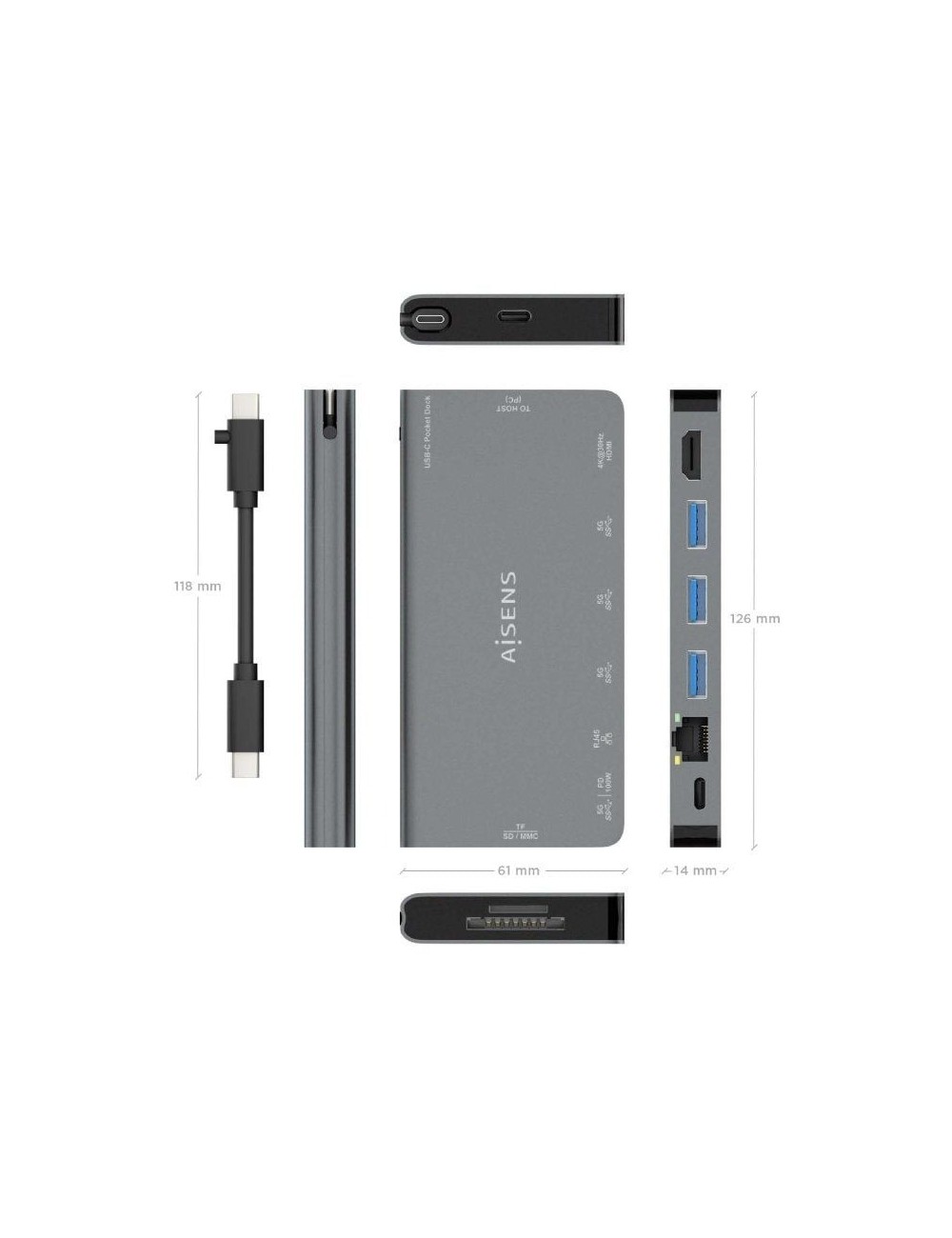 Docking USB Tipo-C Aisens ASUC-8P015-GR/ 1xHDMI 4K/ 3xUSB/ 1xRJ45/ 1xLector Tarjetas / 1xUSB Tipo-C/ Gris