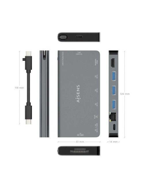 Docking USB Tipo-C Aisens ASUC-8P015-GR/ 1xHDMI 4K/ 3xUSB/ 1xRJ45/ 1xLector Tarjetas / 1xUSB Tipo-C/ Gris