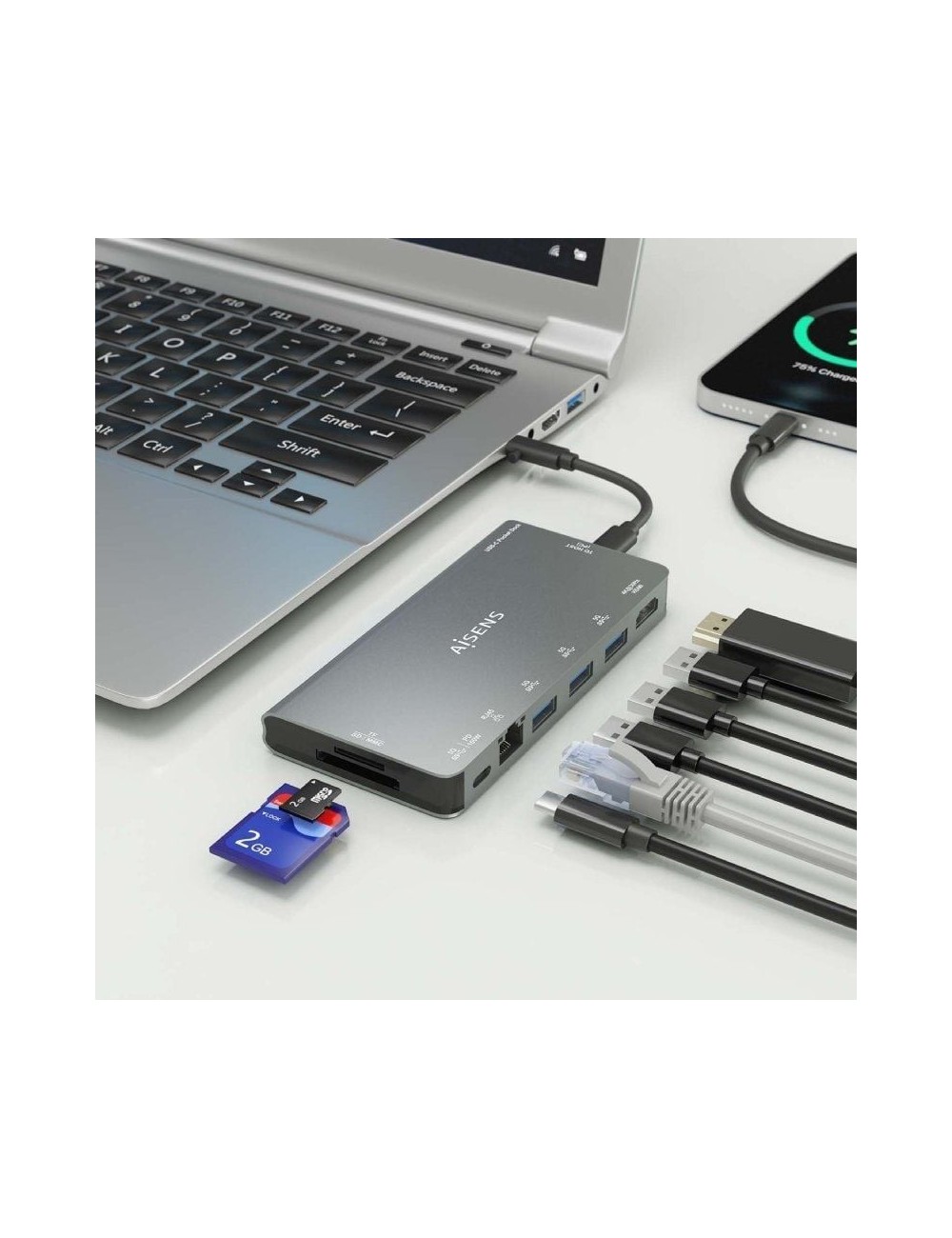 Docking USB Tipo-C Aisens ASUC-8P015-GR/ 1xHDMI 4K/ 3xUSB/ 1xRJ45/ 1xLector Tarjetas / 1xUSB Tipo-C/ Gris