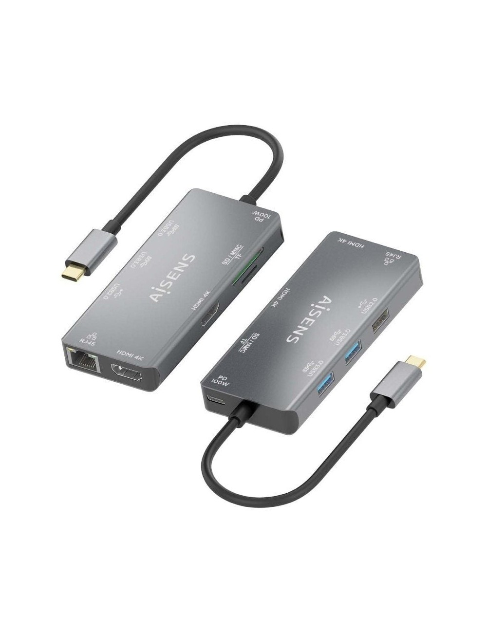 Docking USB Tipo-C Aisens ASUC-9P018-GR/ 2xHDMI 4K/ 3xUSB/ 1xRJ45/ 1xLector Tarjetas/ 1xUSB Tipo-C PD/ Gris