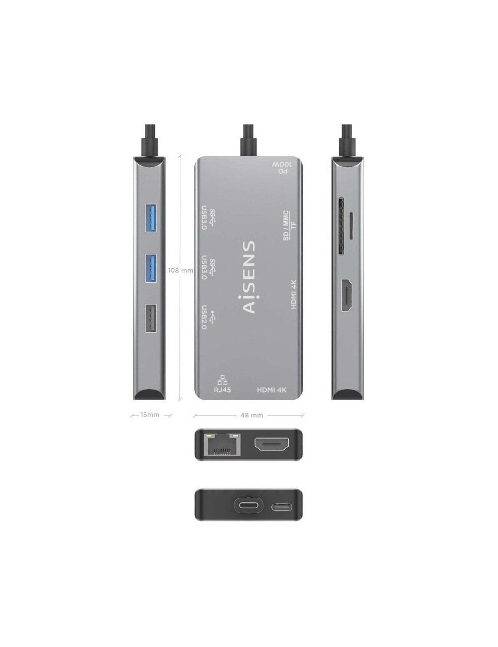 Docking USB Tipo-C Aisens ASUC-9P018-GR/ 2xHDMI 4K/ 3xUSB/ 1xRJ45/ 1xLector Tarjetas/ 1xUSB Tipo-C PD/ Gris