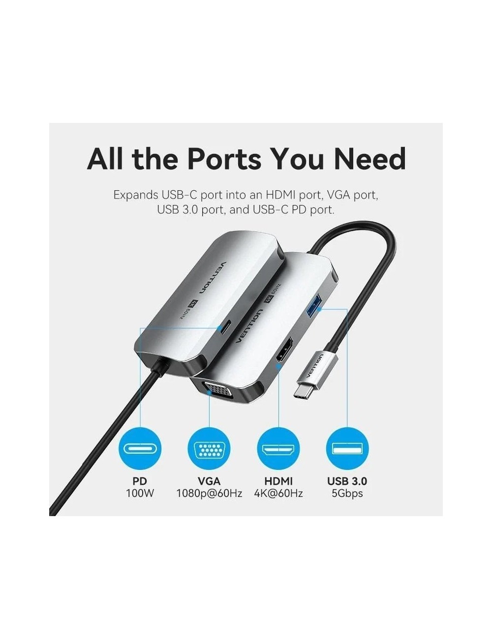 Docking USB Tipo-C Vention TQAHB/ 1xHDMI/ 1xUSB/ 1xVGA/ 1xUSB Tipo-C PD/ Gris