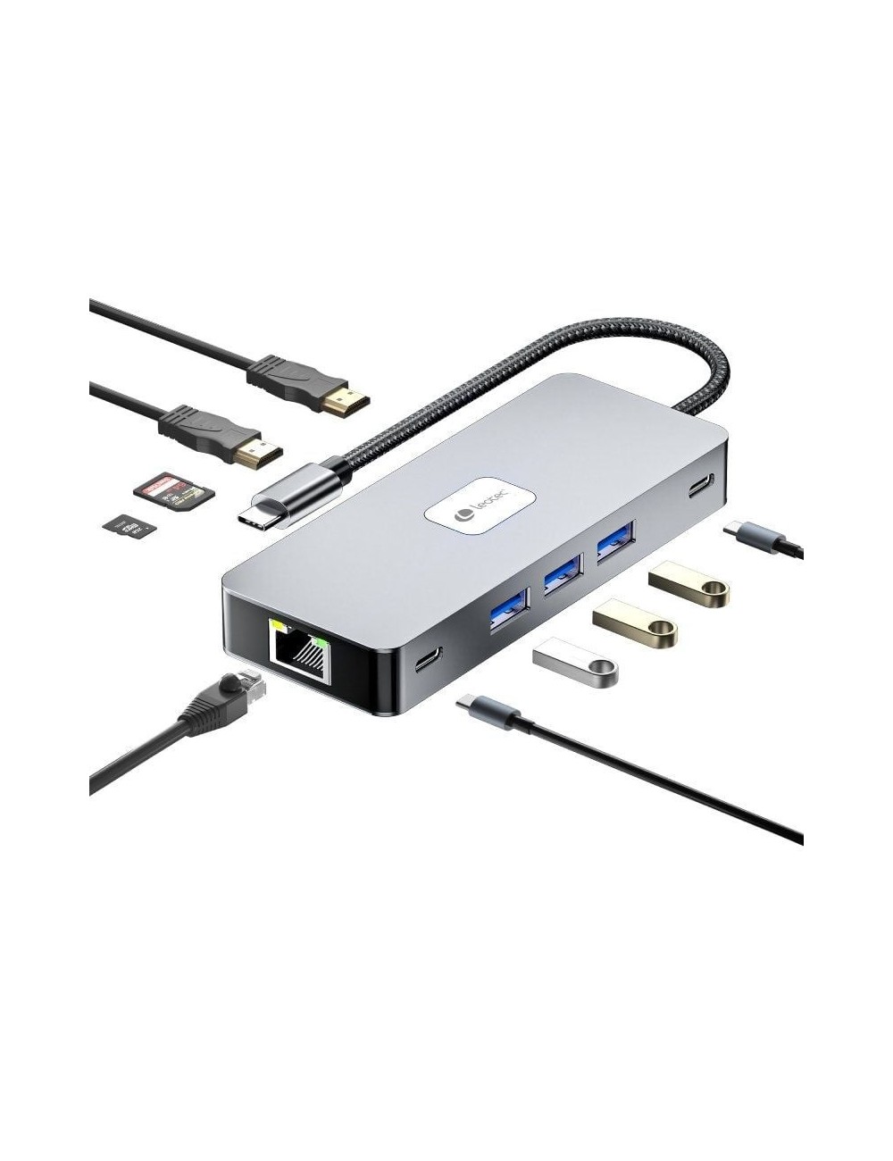 Docking USB Tipo-C Leotec LEDS02/ 3xUSB/ 1xUSB Tipo-C/ 1xUSB Tipo-C PD/ 2xHDMI 4K/ 1xRJ45/ 1xLector Tarjetas SD y MicroSD/ Gris