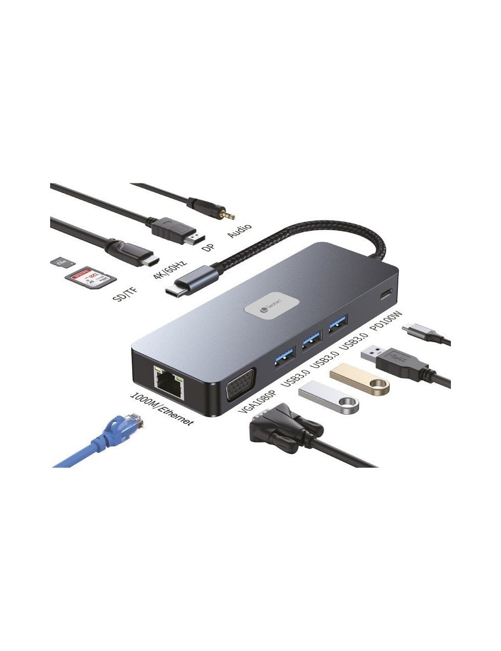 Docking USB Tipo-C Leotec LEDS03/ 3xUSB/ 1xUSB Tipo-C PD/ 1xHDMI 4K/ 1xDisplayPort/ 1xVGA/ 1xAudio/ 1xRJ45/ 1xLector Tarjetas SD