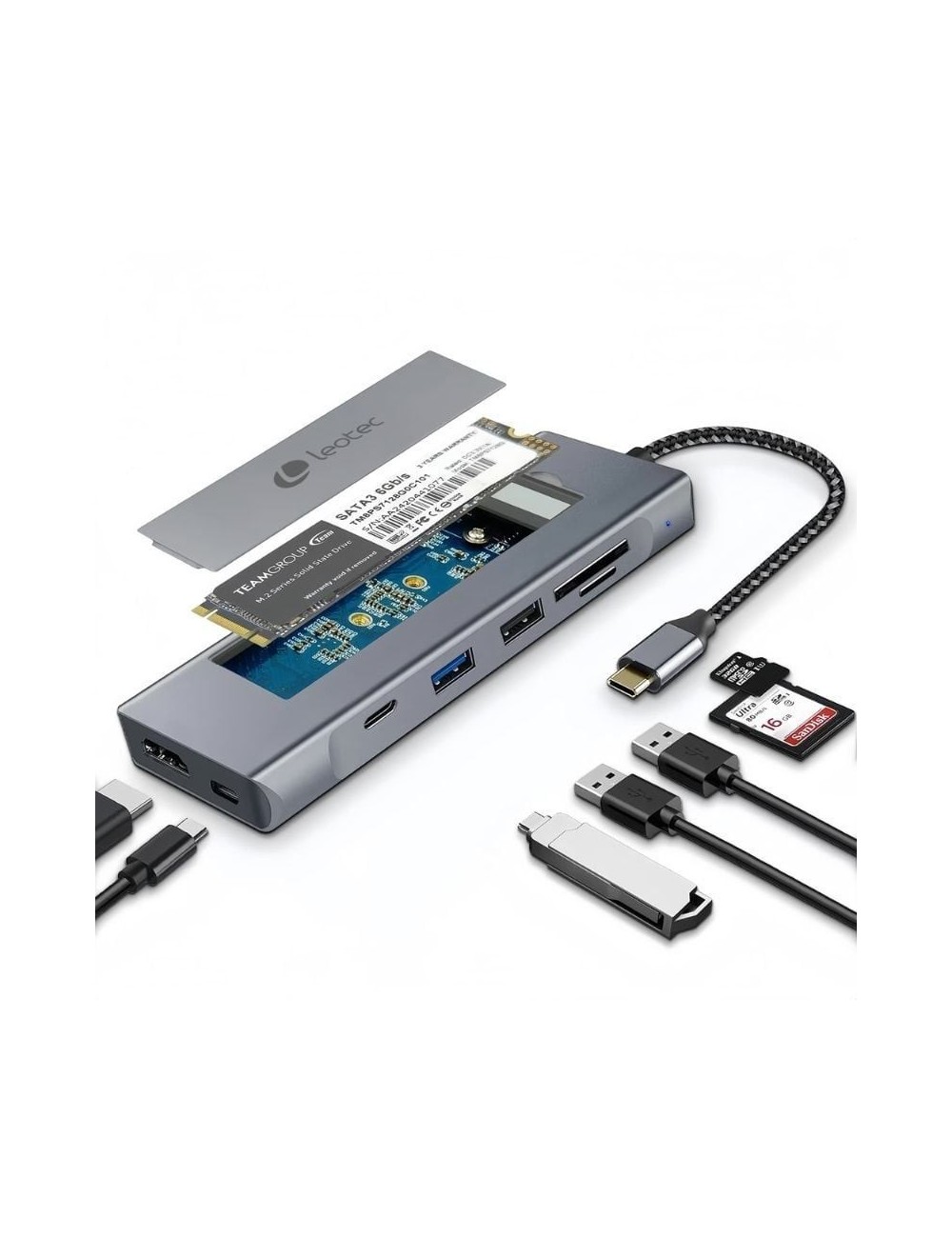 Docking USB Tipo-C Leotec LEDS07/ Ranura SSD M.2/ 2xUSB/ 1xUSB Tipo-C/ 1xHDMI 4K/ 1xLector Tarjetas SD y MicroSD/ 1xUSB Tipo-C P