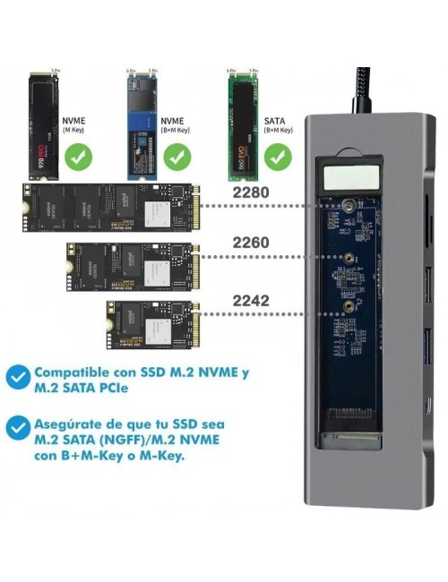 Docking USB Tipo-C Leotec LEDS07/ Ranura SSD M.2/ 2xUSB/ 1xUSB Tipo-C/ 1xHDMI 4K/ 1xLector Tarjetas SD y MicroSD/ 1xUSB Tipo-C P