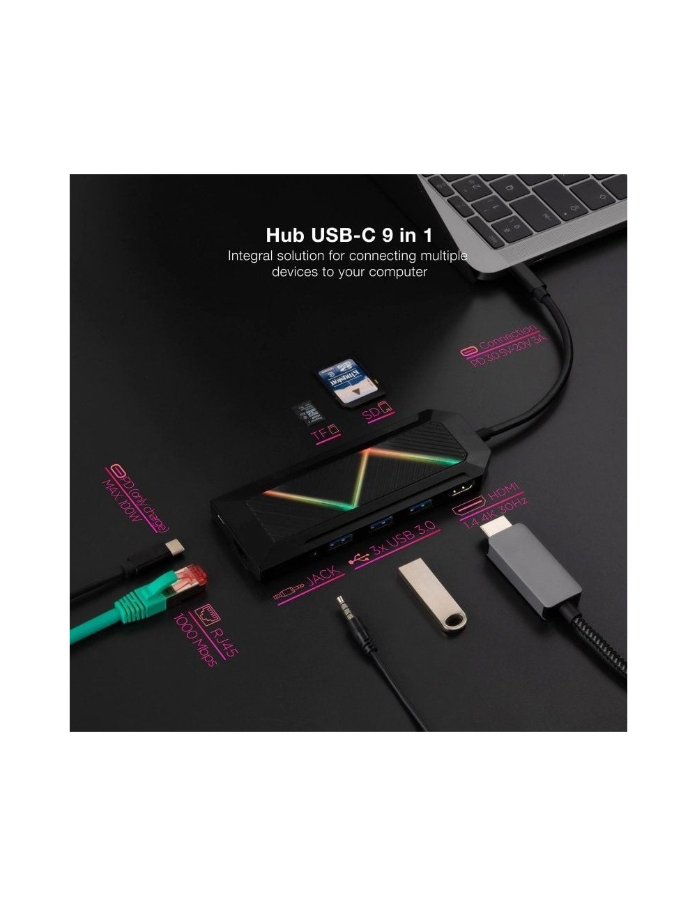 Docking USB Tipo-C Nanocable 10.16.0901/ 3xUSB/ 1xUSB Tipo-C PD/ 1xHDMI/ 1xRJ45/ 1xLector Tarjetas SD TF/ Audio