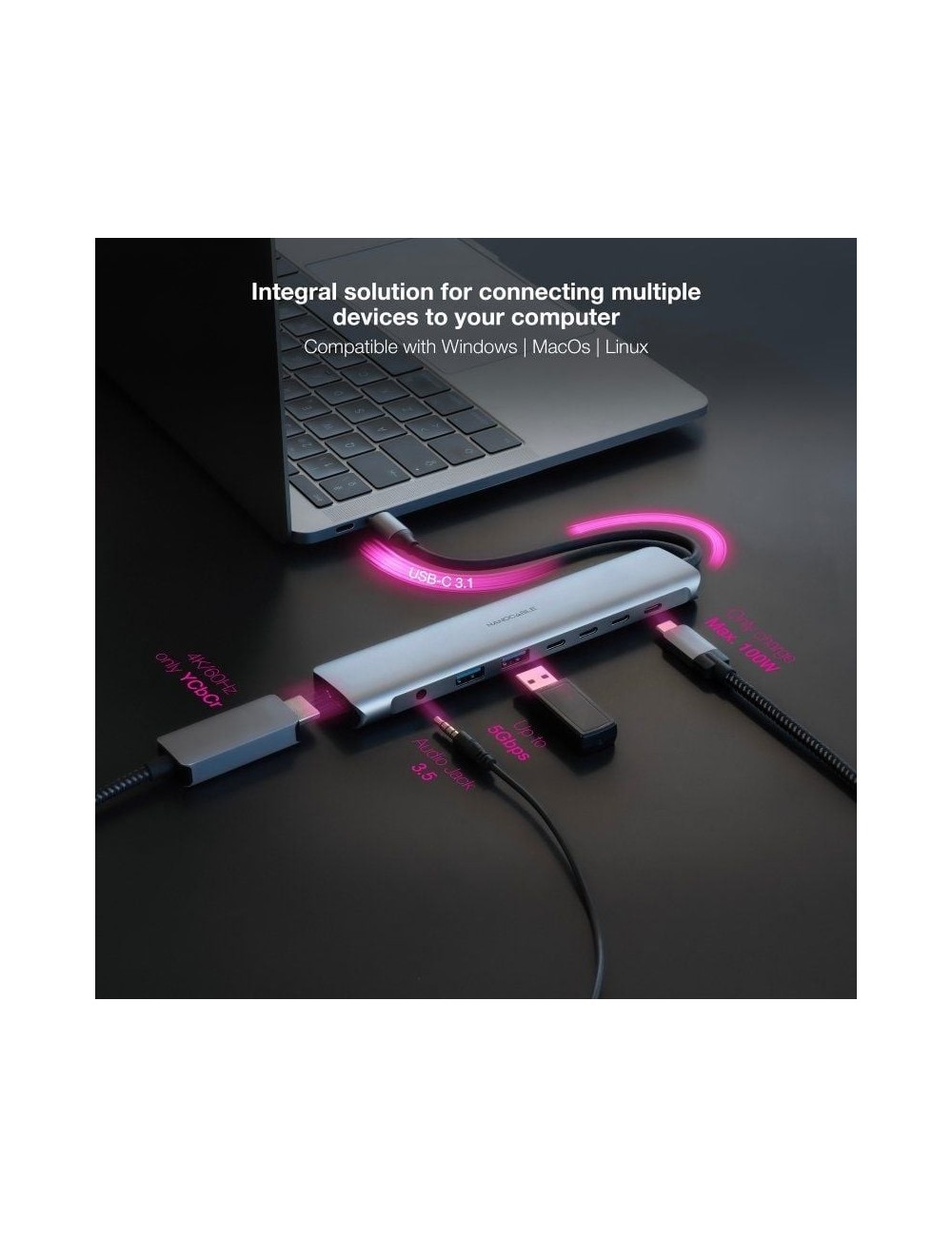 Docking Tipo-C Nanocable 10.16.4608/ 2xUSB/ 3xUSB Tipo-C/ 1xHDMI 4K/ 1xJack 3.5/ 1xUSB Tipo-C PD/ Gris