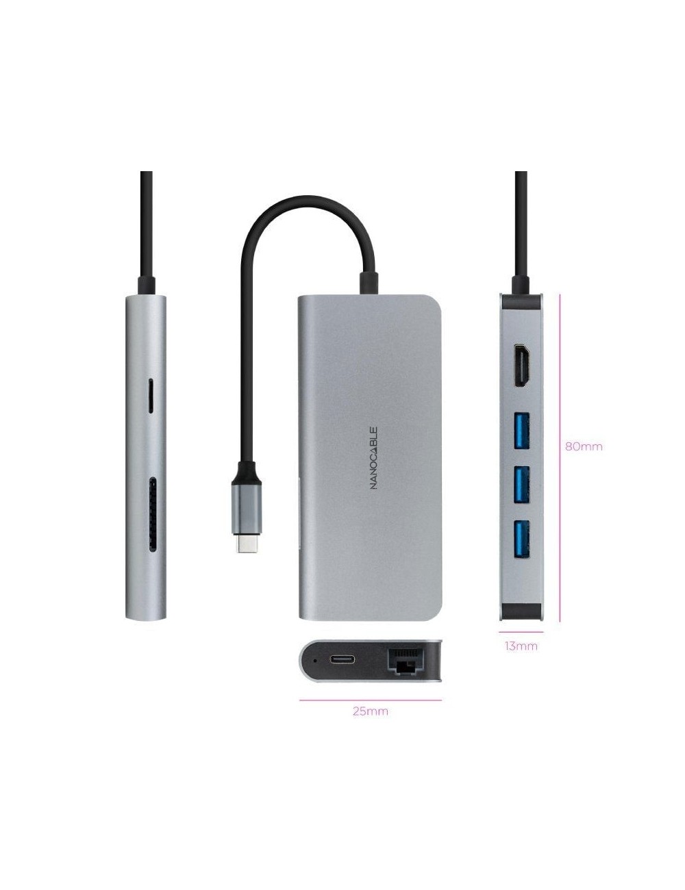 Docking Tipo-C Nanocable 10.16.4609/ 3xUSB/ 1xHDMI 4K/ 1xRJ45/ 1xLector tarjetas/ 1xUSB Tipo-C PD/ Gris