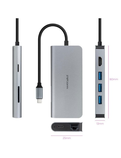 Docking Tipo-C Nanocable 10.16.4609/ 3xUSB/ 1xHDMI 4K/ 1xRJ45/ 1xLector tarjetas/ 1xUSB Tipo-C PD/ Gris