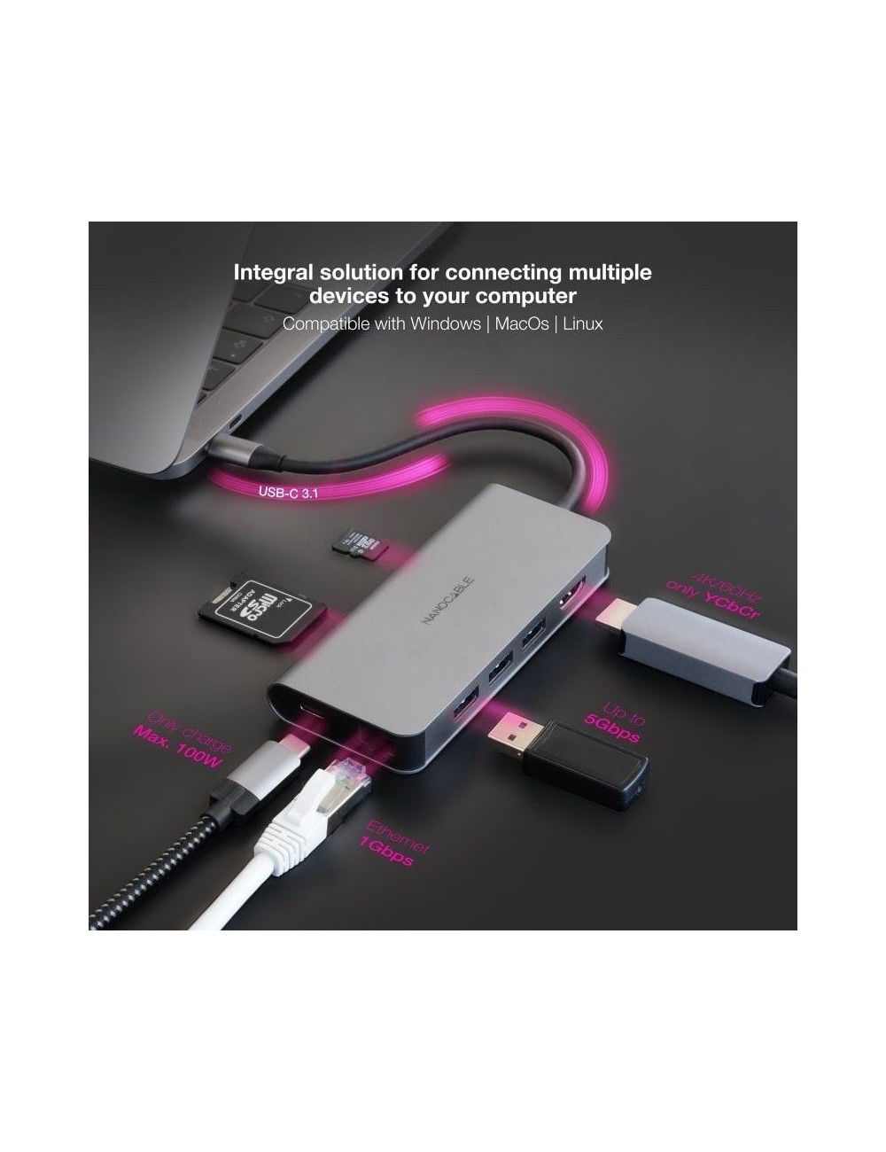 Docking Tipo-C Nanocable 10.16.4609/ 3xUSB/ 1xHDMI 4K/ 1xRJ45/ 1xLector tarjetas/ 1xUSB Tipo-C PD/ Gris