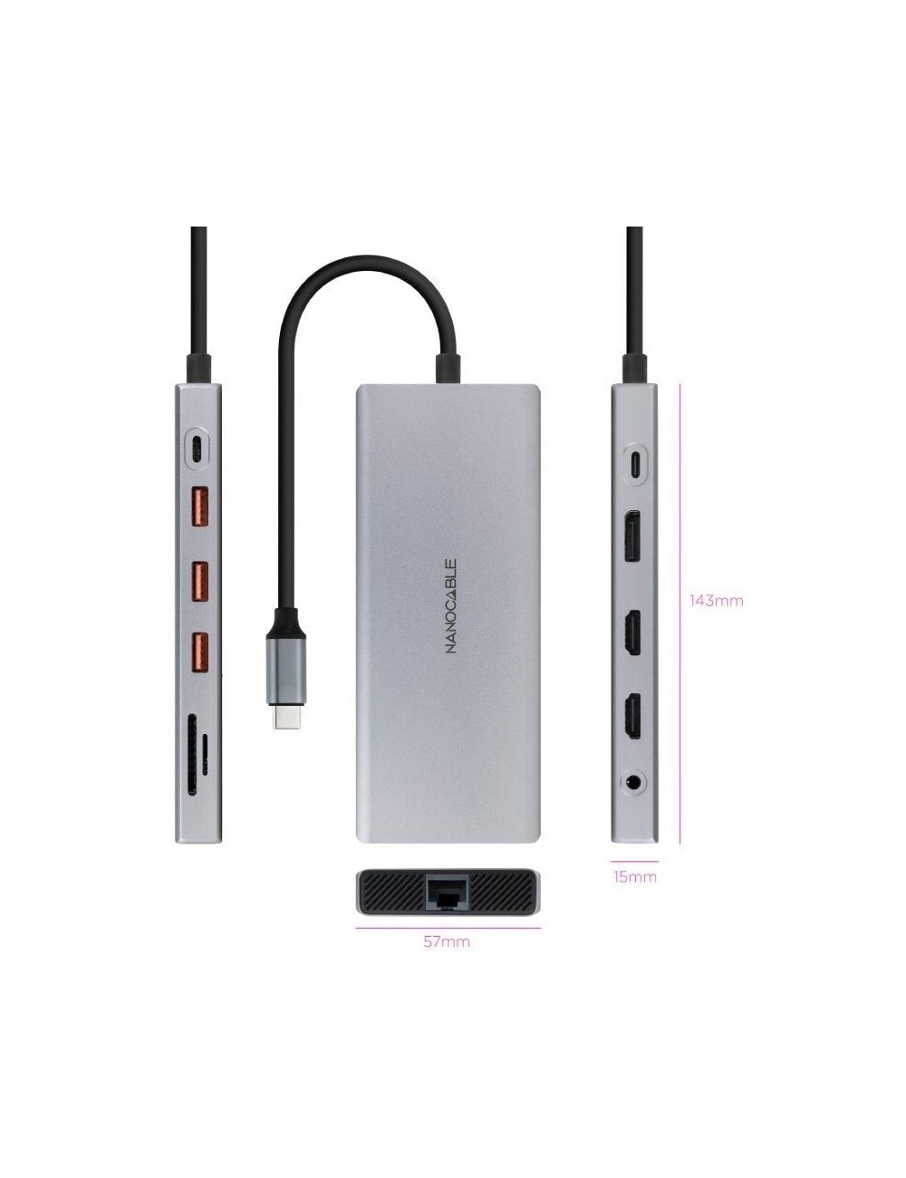 Docking Tipo-C Nanocable 10.16.4612/ 3xUSB/ 1xUSB Tipo-C/ 2xHDMI 4K/ 1xDisplayPort/ 1xRJ45/ 1xLector tarjetas/ 1xJack 3.5/ 1xUSB
