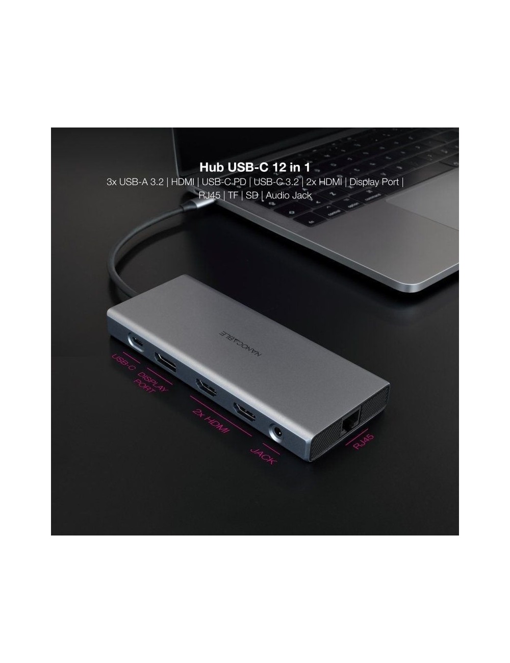 Docking Tipo-C Nanocable 10.16.4612/ 3xUSB/ 1xUSB Tipo-C/ 2xHDMI 4K/ 1xDisplayPort/ 1xRJ45/ 1xLector tarjetas/ 1xJack 3.5/ 1xUSB