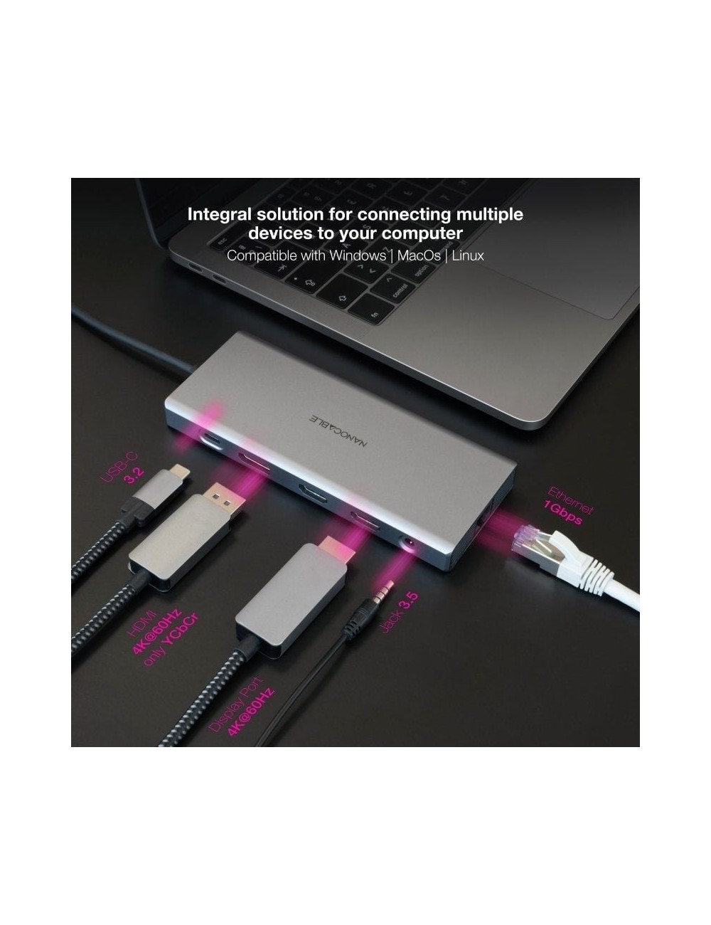 Docking Tipo-C Nanocable 10.16.4612/ 3xUSB/ 1xUSB Tipo-C/ 2xHDMI 4K/ 1xDisplayPort/ 1xRJ45/ 1xLector tarjetas/ 1xJack 3.5/ 1xUSB